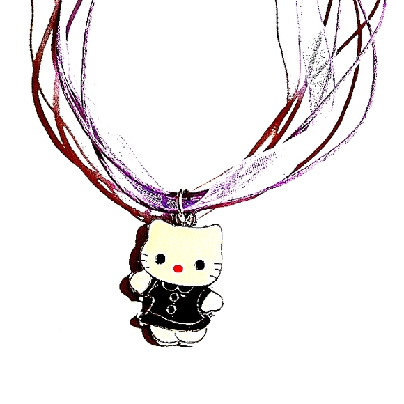 Hello Kitty Charm In Cute Black Dress On A Purple Layered Ribbon Necklace - Picture 3 of 7